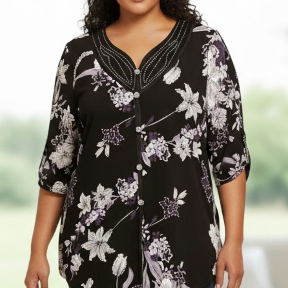 Appointments black floral print blouse sz 1XL